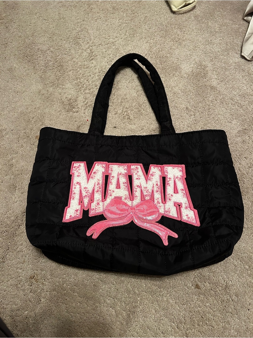 Black Quilted 'MAMA' Tote Bag with Pink Appliqué